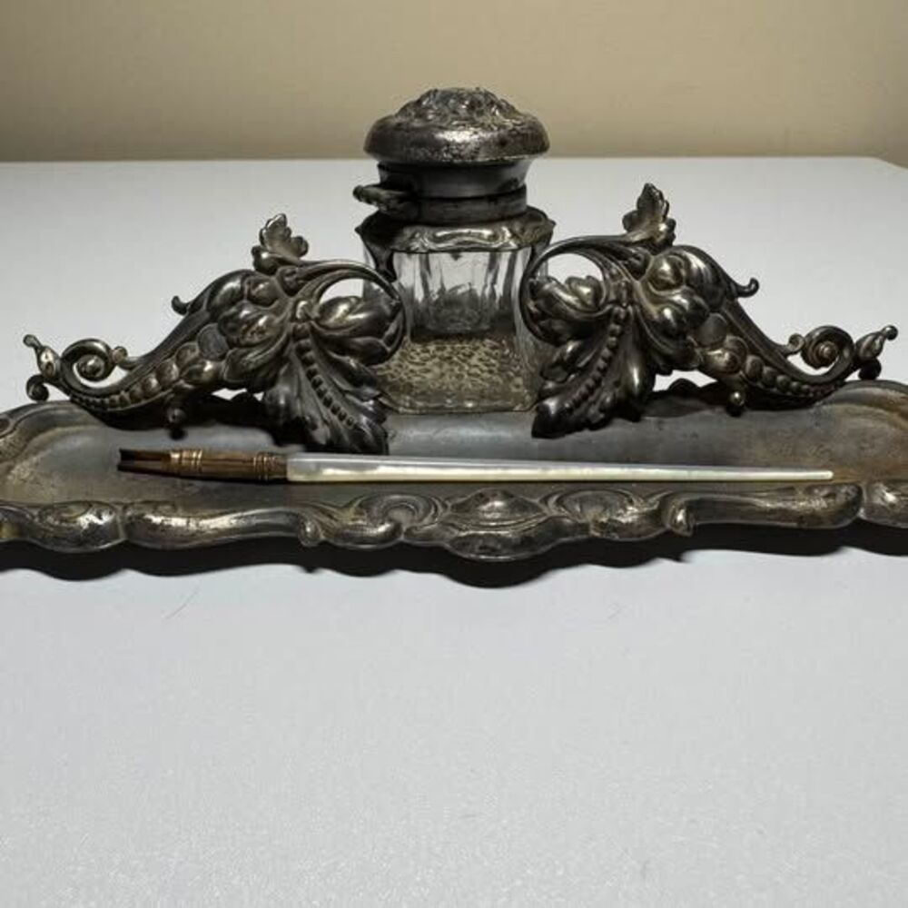 Antique Art Nouveau Inkwell & Pen Tray Set Ornate Desk with Glass Ink Bottle